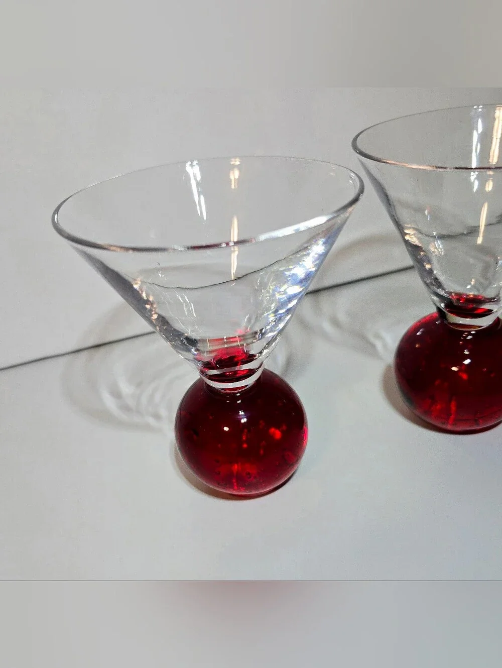 MCM Red Controlled Bubble Base Martini Glass Set of 2 Vintage Art Deco Drinkware